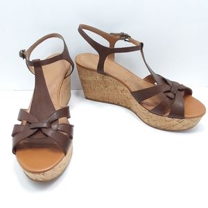 TAHARI Ashton Brown Leather & Cork Platform Wedge Sandals EUC